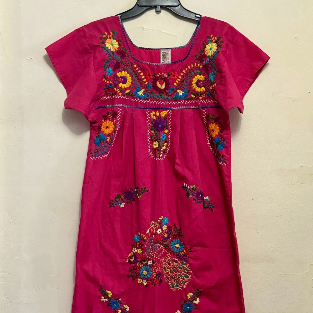 Mexican Embroidered Folk Dress | Fuchsia Floral Boho Tunic | Size medium
